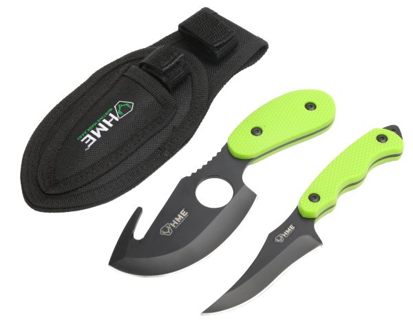 "HME HMEKN2PSGC Skinning Kit  3.50 Fixed Skinner w/Gut Hook/Caping Plain/Gut Hook Black Oxide 420HC Blade, TPR Green Handle"